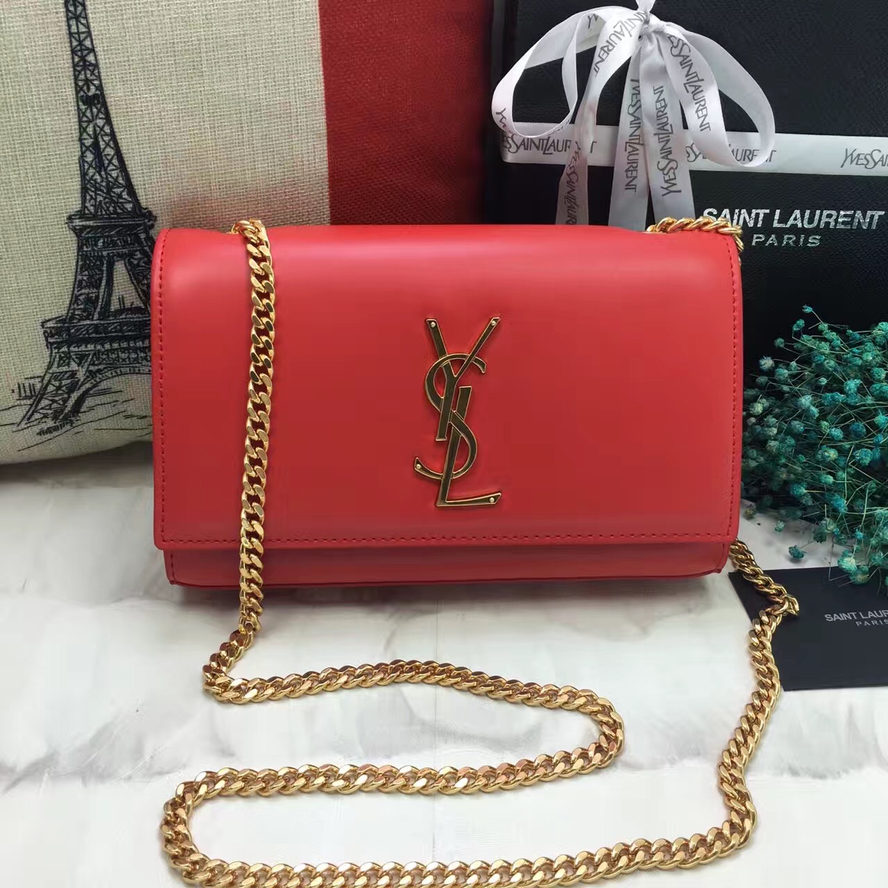 Replica YSL Smooth Leather Chain Bag 22cm Red Saint Laurent Bags Cheap ...